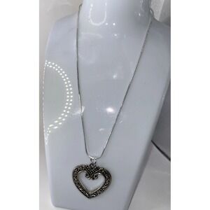 Necklace Silver Ornate Filigree Open Heart Pendant Bohemian Classic Traditional